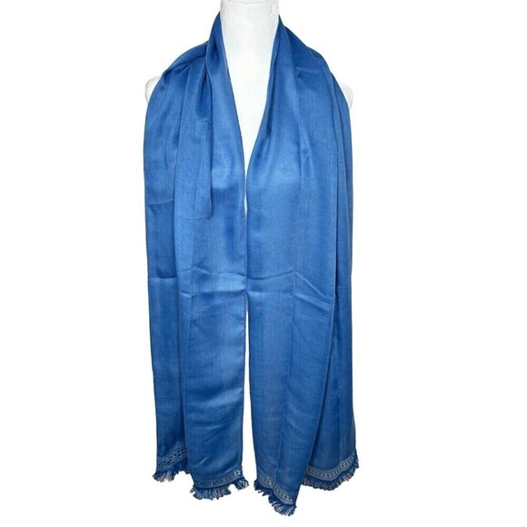 Wrap Accessories - Chicos One Size OS Cotton Blend Reversible Novelty Wrap Scarf Buou Blue Fringe